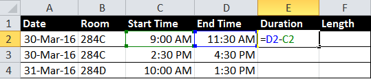 Excel data showing formula that subtracts a start time from an end time