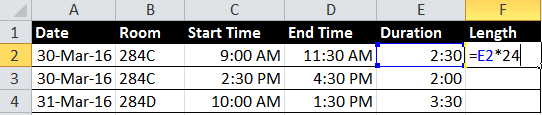 Excel spreadsheet showing the formula that multiplies a time duration by 24 to convert it to a decimal number