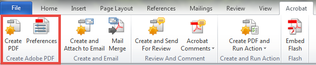 Acrobat ribbon in Word 2010 showing the Create PDF and Preferences buttons
