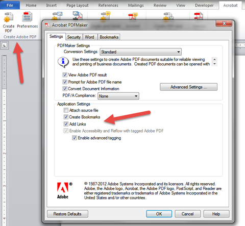 Adobe Acrobat toolbar and Preferences dialogue box as seen in Microsoft Word