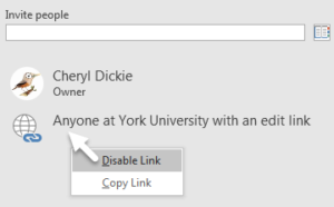 Disabling a sharing link in the Share task pane