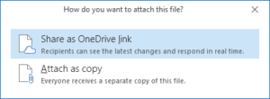 Dialog seen when attaching a file from onedrive to an Outlook email