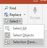 Screen shot of opening the selection pane in PowerPoint