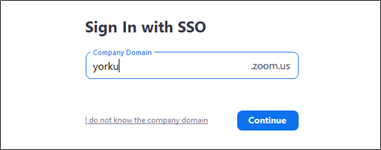 Screen shot of the Sign in with SSO dialogue showing "yorku" entered in the company domain field